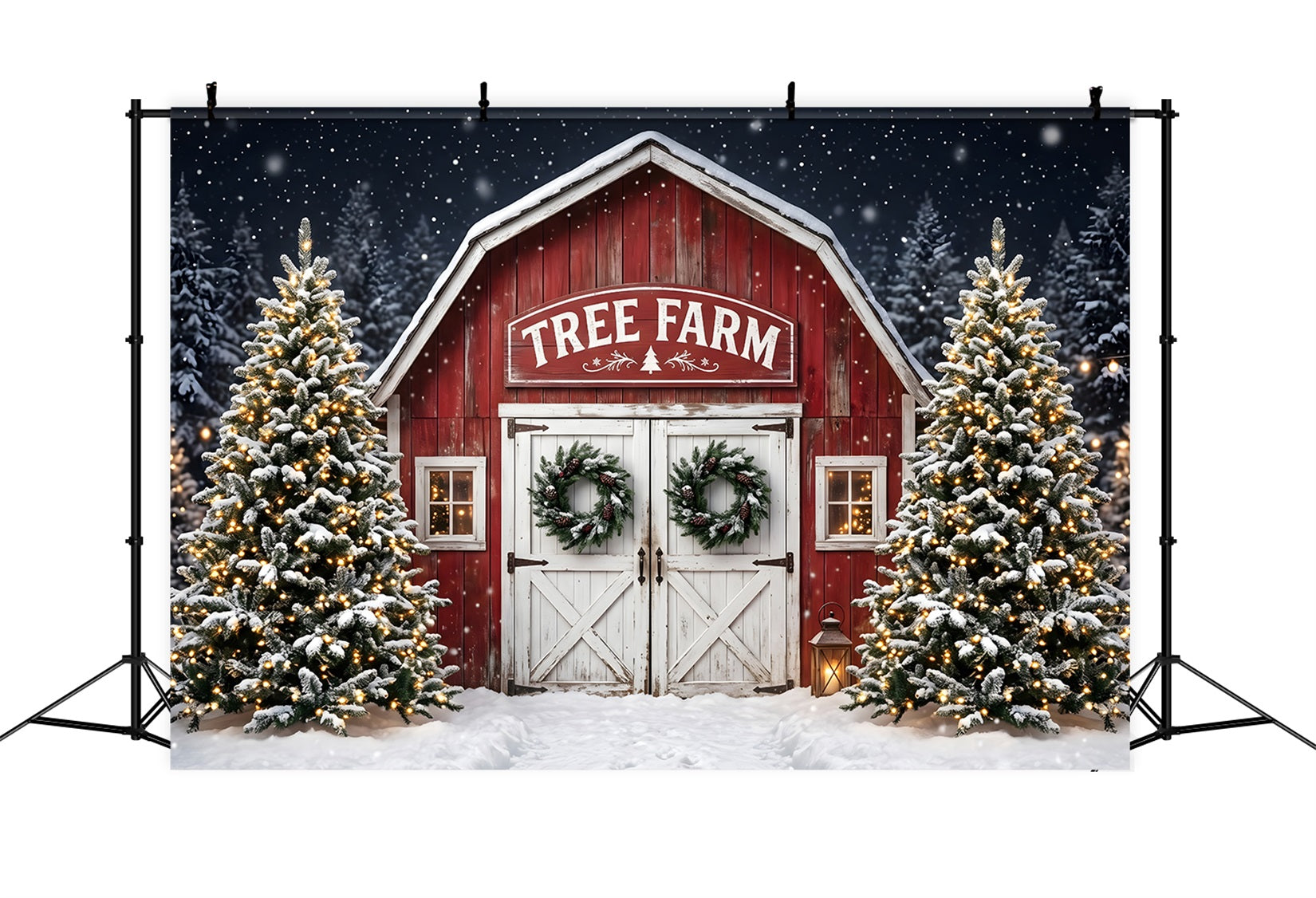 Christmas Tree Farm Backdrop Snowy Tree Farm Barn Entrance Christmas Picture Backdrop UK CEM65-166