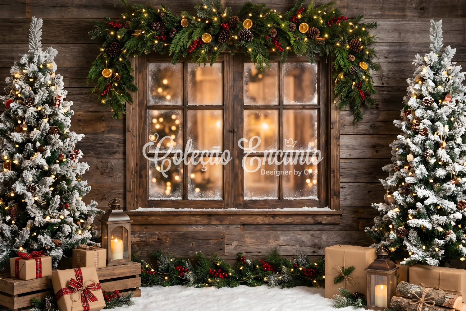 Winter Backdrop For Christmas Village Rustic Frosted Window Garland Trees Photo Backdrop Christmas UK CEM65-169
