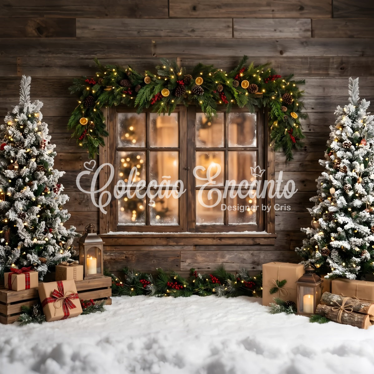 Winter Backdrop For Christmas Village Rustic Frosted Window Garland Trees Photo Backdrop Christmas UK CEM65-169
