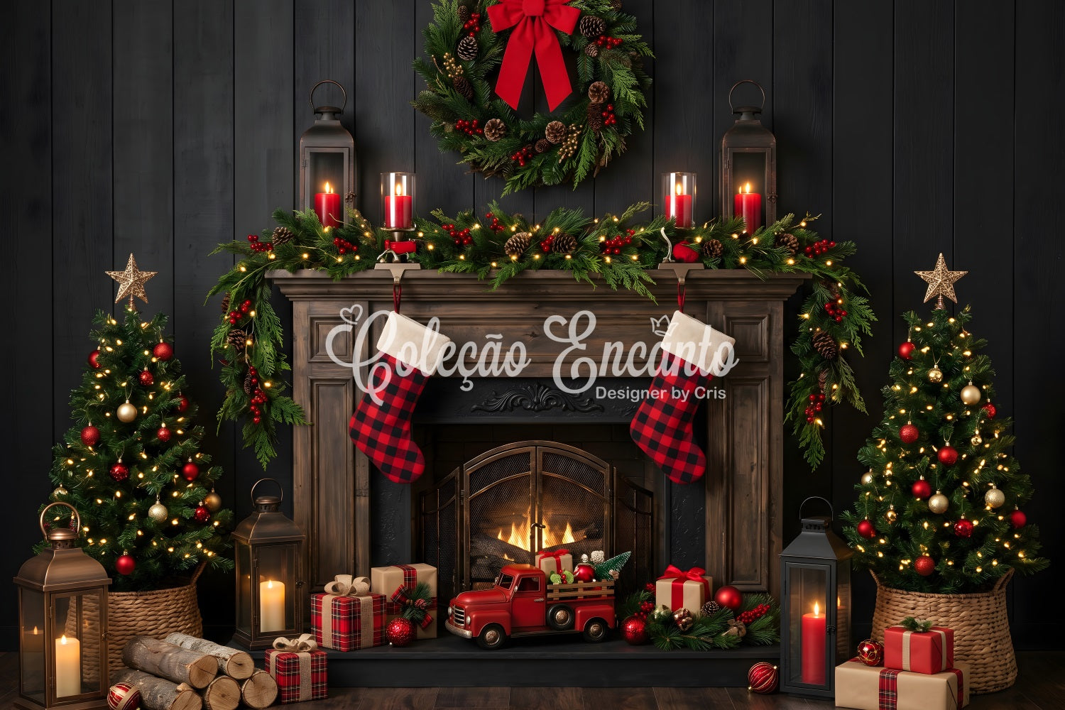 Christmas Backdrops Buffalo Plaid Fireplace Truck Stockings Christmas Backdrop Design UK CEM65-170
