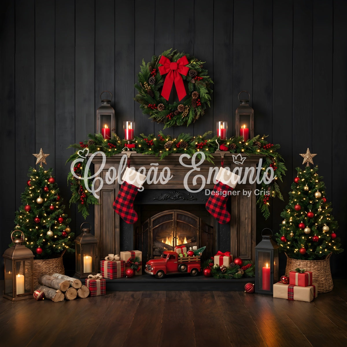 Christmas Backdrops Buffalo Plaid Fireplace Truck Stockings Christmas Backdrop Design UK CEM65-170