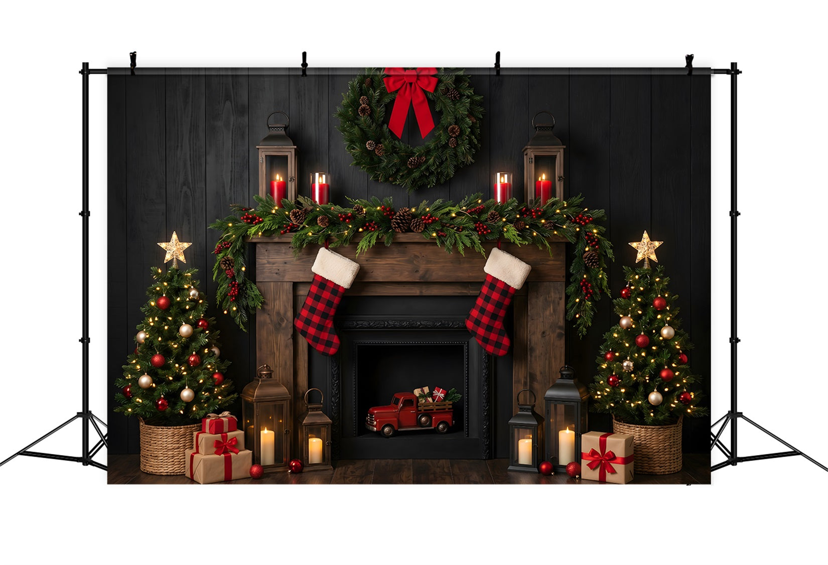 Fireplace Backdrop Christmas Dark Rustic Truck Lanterns Christmas Backdrops Photography UK CEM65-171