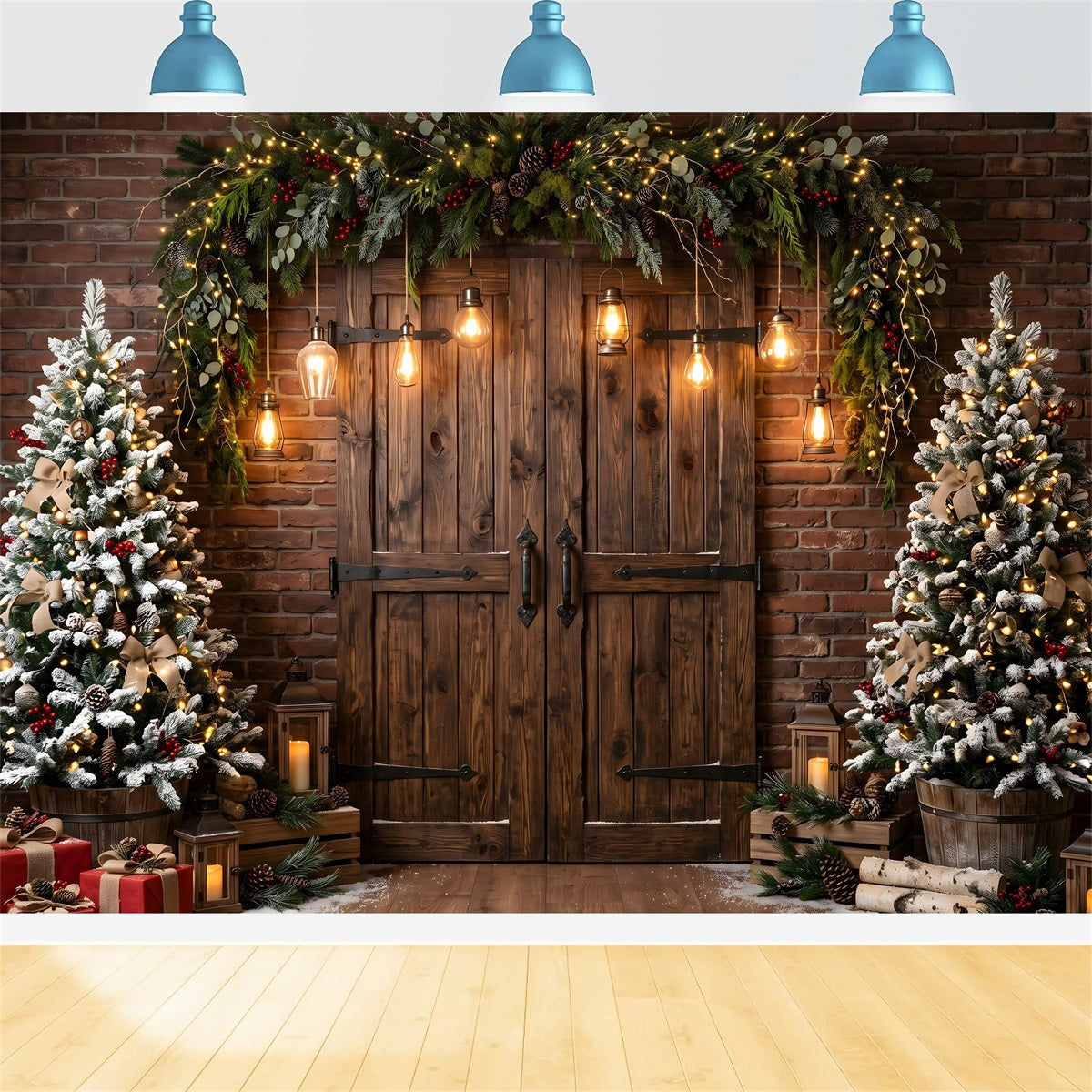 Christmas Barn Door Backdrop Rustic Barn Door Edison Lights Christmas Photoshoot Backdrop UK CEM65-174
