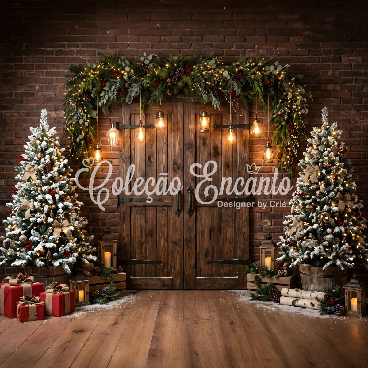Christmas Barn Door Backdrop Rustic Barn Door Edison Lights Christmas Photoshoot Backdrop UK CEM65-174