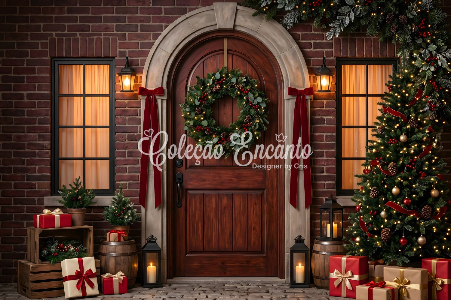 Christmas Photobooth Backdrop Arched Brick Door Wreath Gifts Christmas Backdrop For Pictures UK CEM65-175
