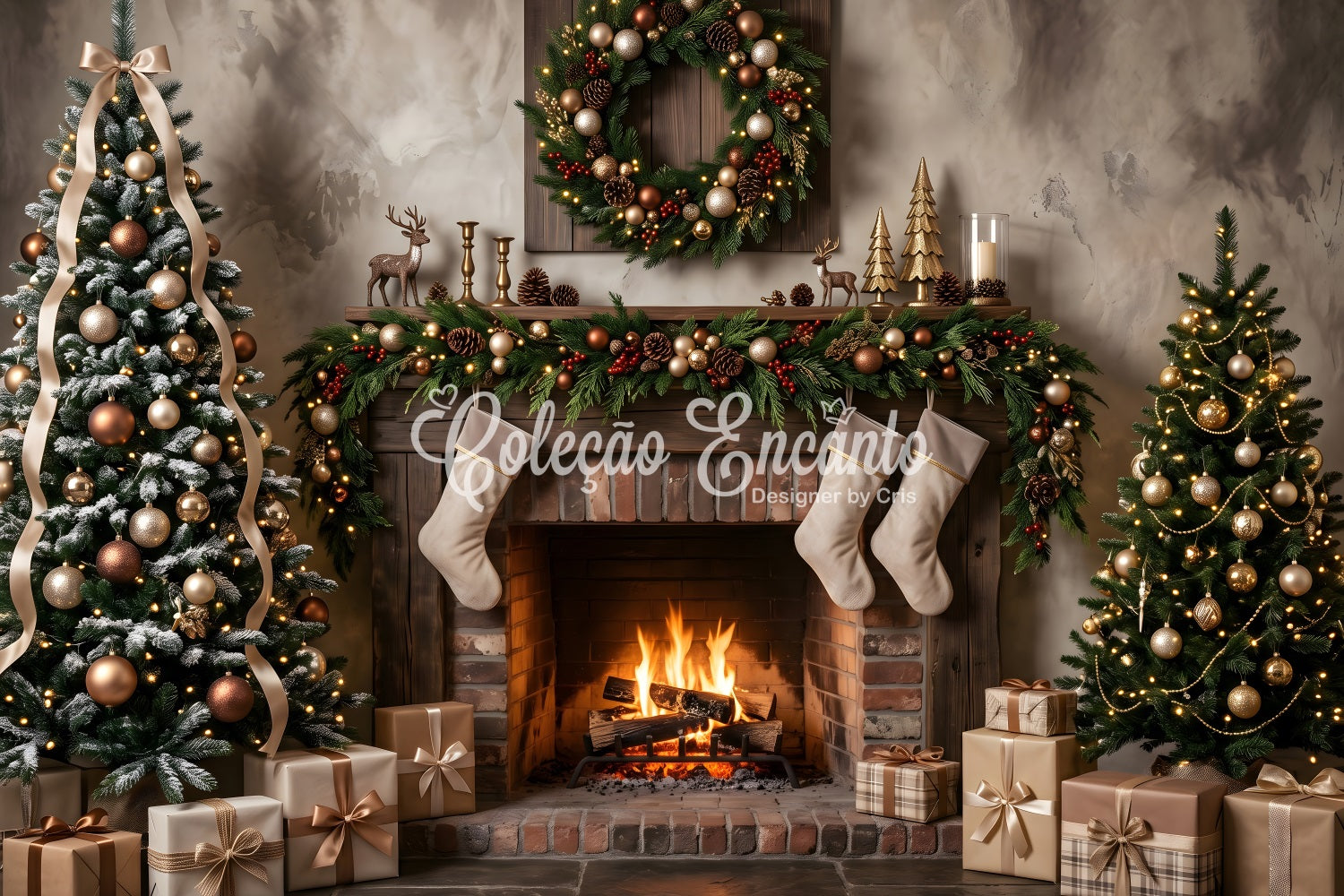 Fireplace Christmas Backdrop Neutral Fireplace Stockings Gold Trees Photo Booth Christmas Backdrop UK CEM65-176