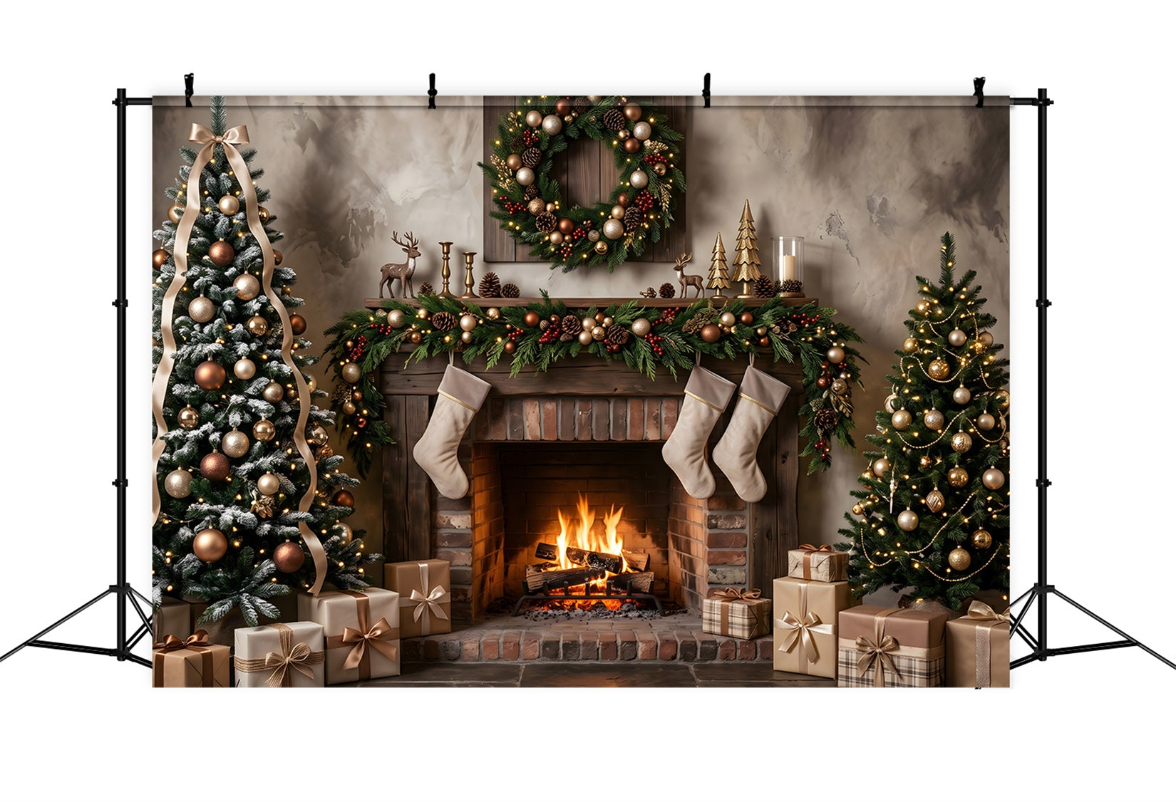 Fireplace Christmas Backdrop Neutral Fireplace Stockings Gold Trees Photo Booth Christmas Backdrop UK CEM65-176