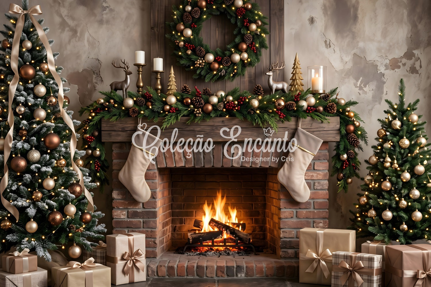 Christmas Fireplace Photo Backdrop Neutral Brick Stockings Trees Christmas Backdrops UK CEM65-177
