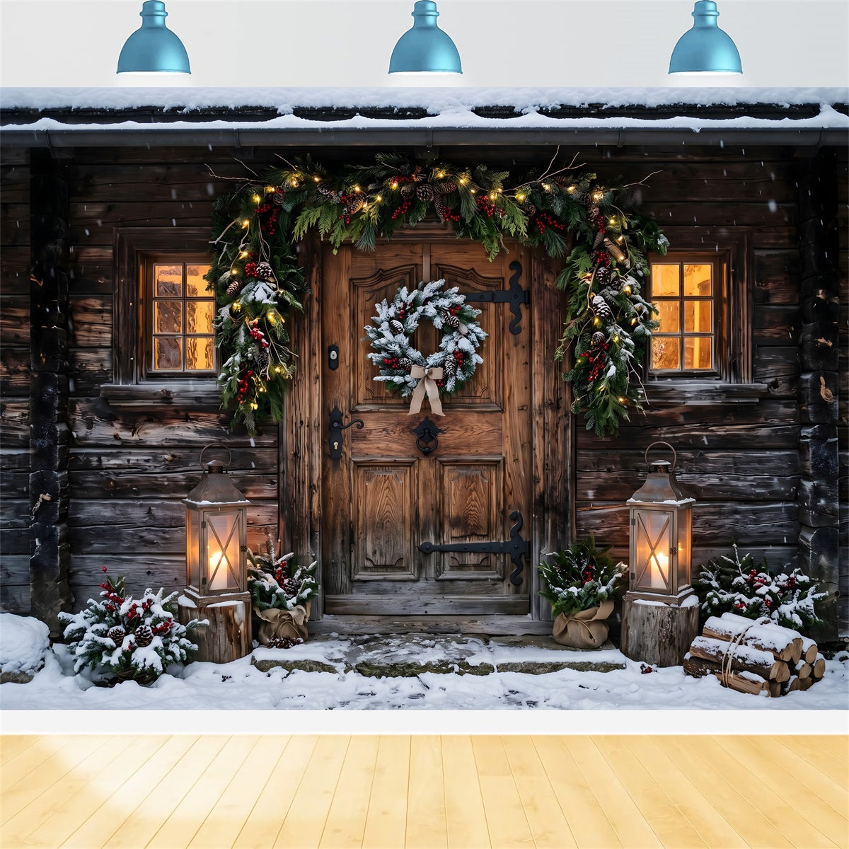 Backdrops For Christmas Photos Snowy Rustic Cabin Door Lanterns Studio Backdrops Christmas Backdrop UK CEM65-178
