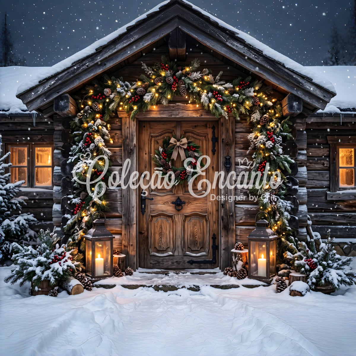Christmas Village Backdrop Ideas Frosted Log Cabin Garland Entrance Photography Christmas Backdrop UK CEM65-179