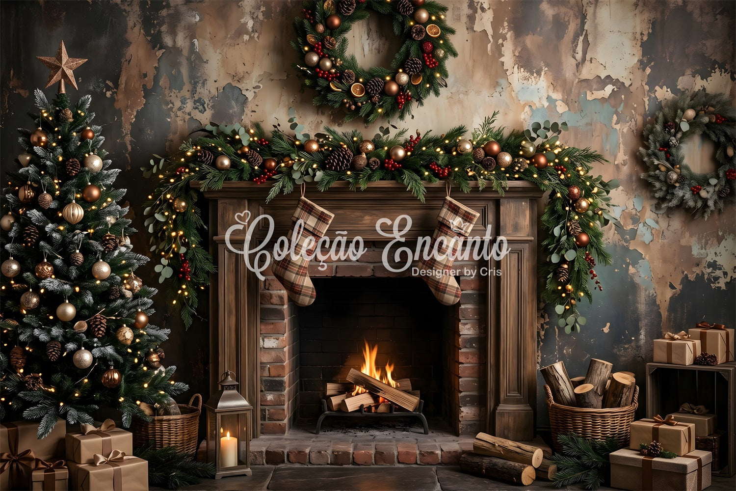 Christmas Fireplace Backdrops Moody Rustic Fireplace Stockings Christmas Photobooth Backdrop UK CEM65-180