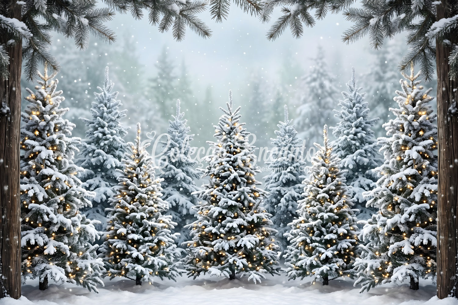 Christmas Forest Backdrop Snowy Fir Forest Warm Lights Backdrop Christmas Photo Booth UK CEM65-182