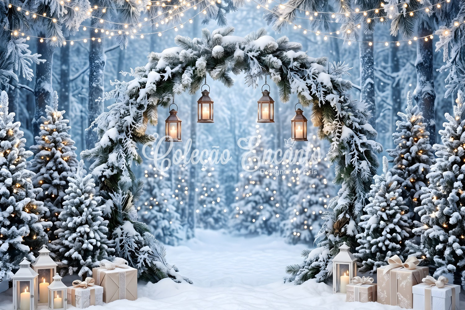 Christmas Wonderland Backdrop Frosted Pine Arch Hanging Lanterns Christmas Studio Backdrop UK CEM65-183
