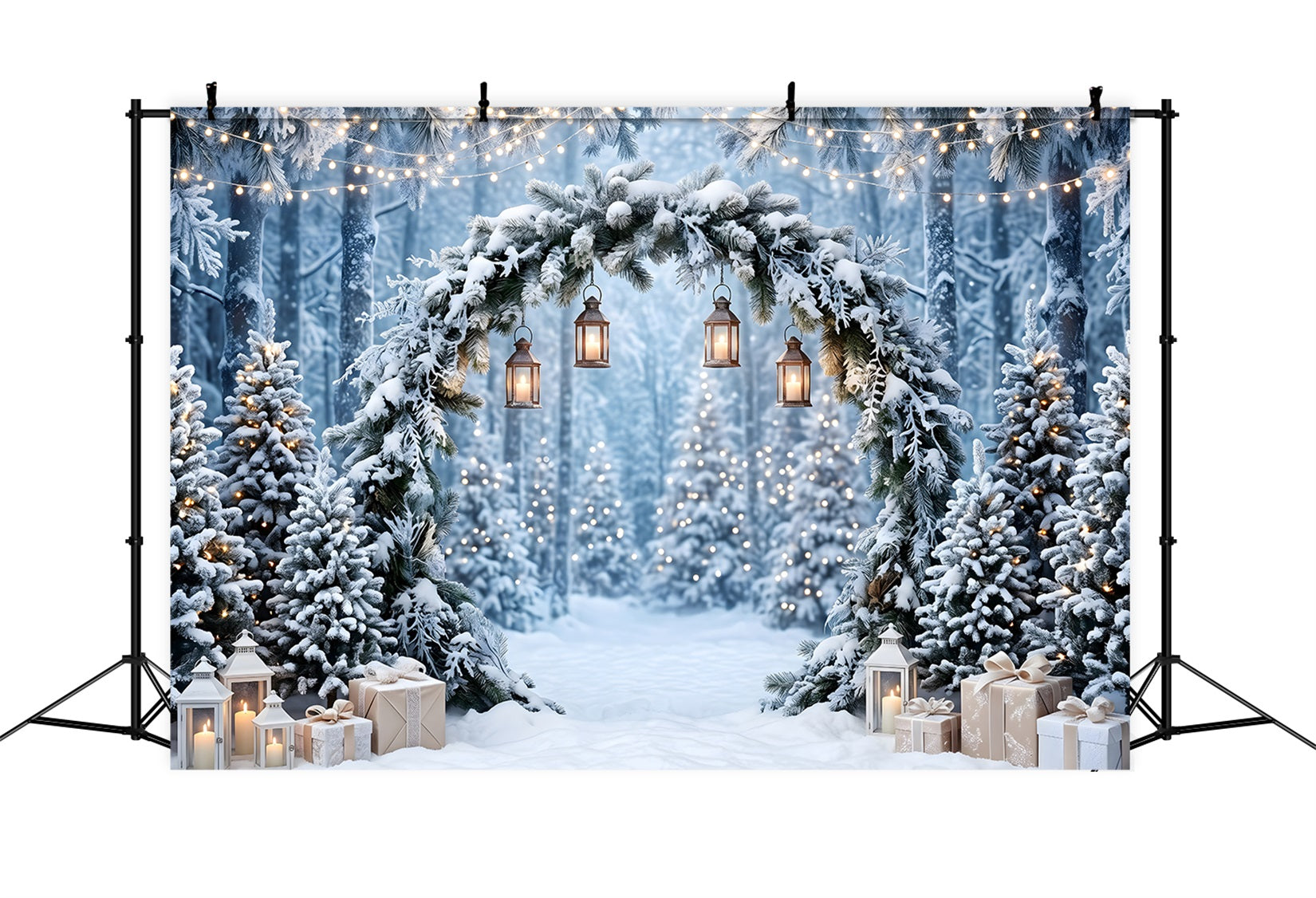 Christmas Wonderland Backdrop Frosted Pine Arch Hanging Lanterns Christmas Studio Backdrop UK CEM65-183