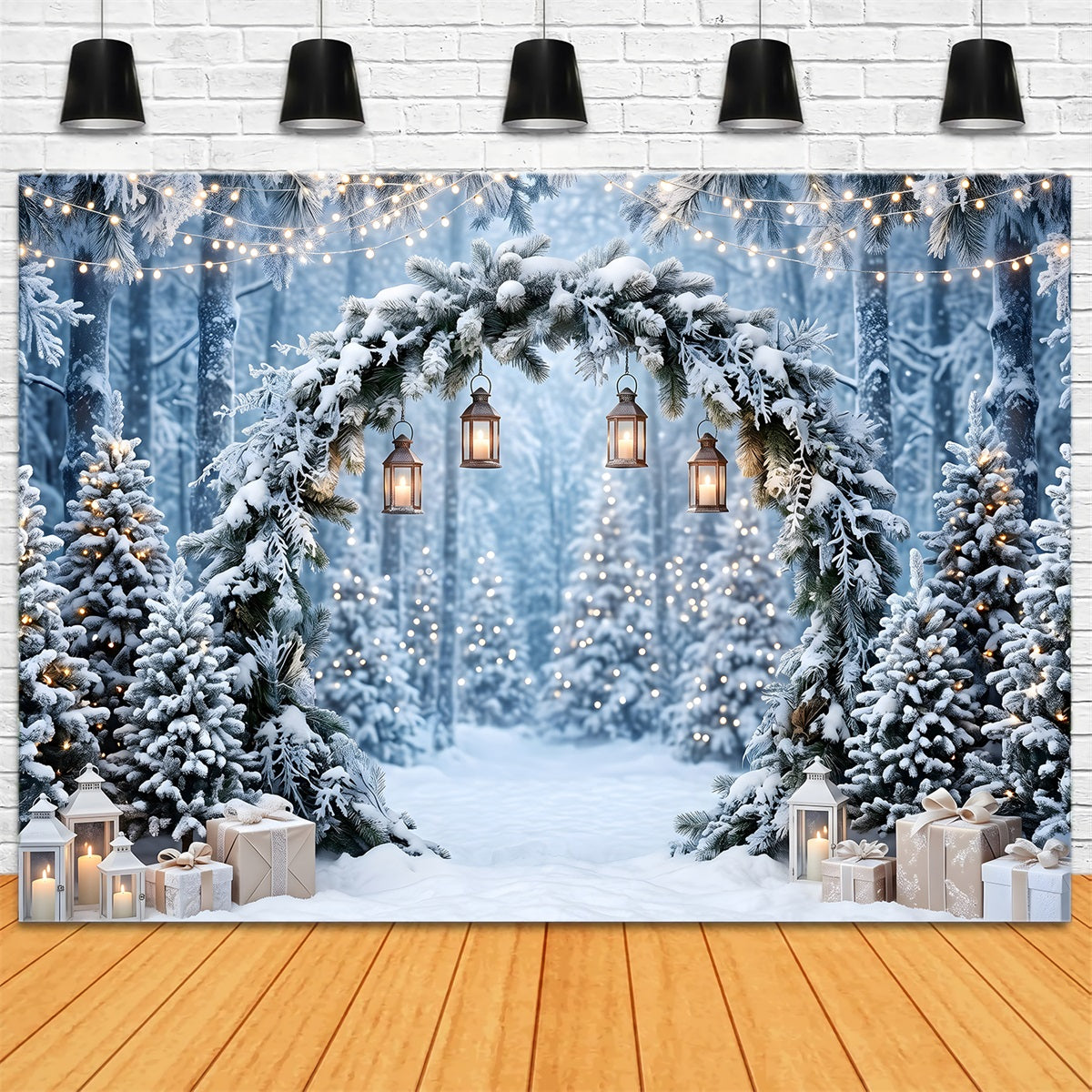 Christmas Wonderland Backdrop Frosted Pine Arch Hanging Lanterns Christmas Studio Backdrop UK CEM65-183