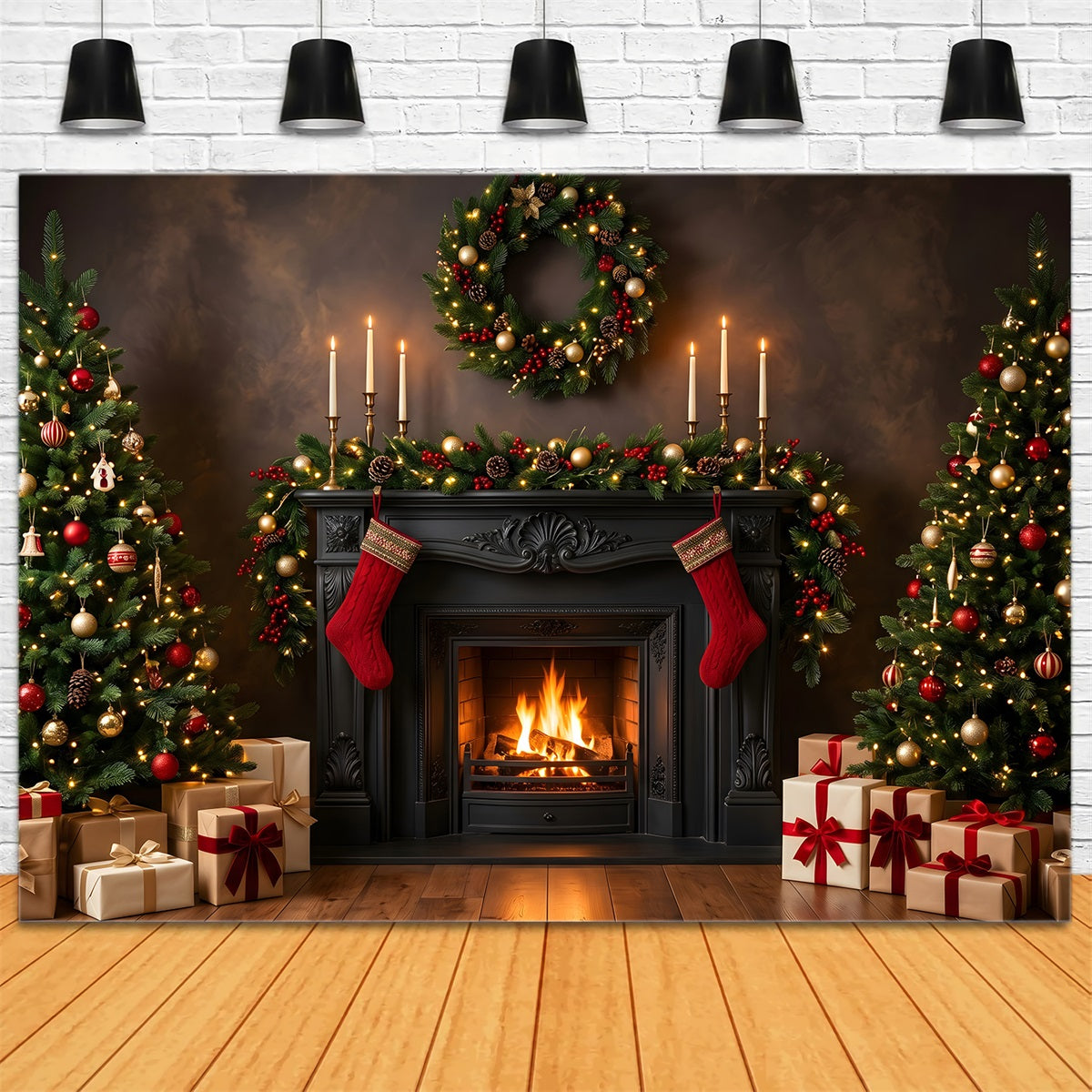 Best Christmas Backdrops Black Fireplace Candles Stockings Christmas Backdrop Photoshoot UK CEM65-184