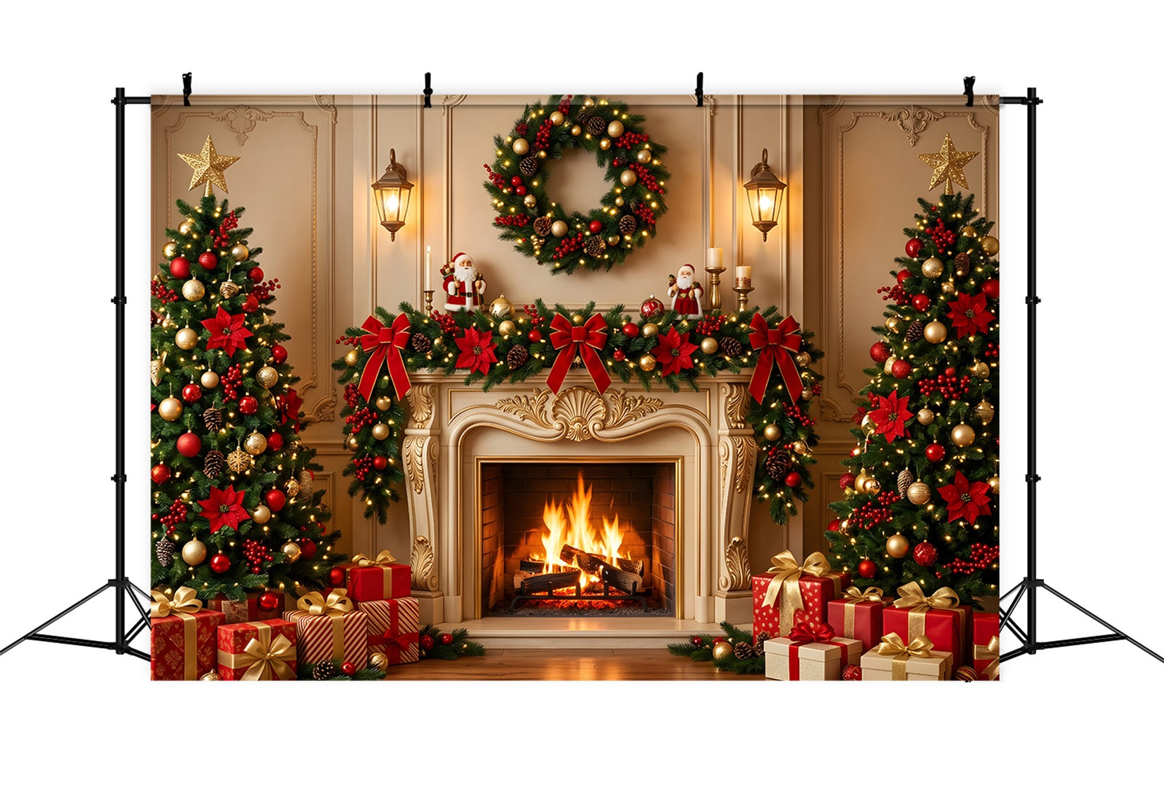 Christmas Backdrop Golden Ornate Fireplace Wreath Trees Best Christmas Photo Backdrops UK CEM65-185
