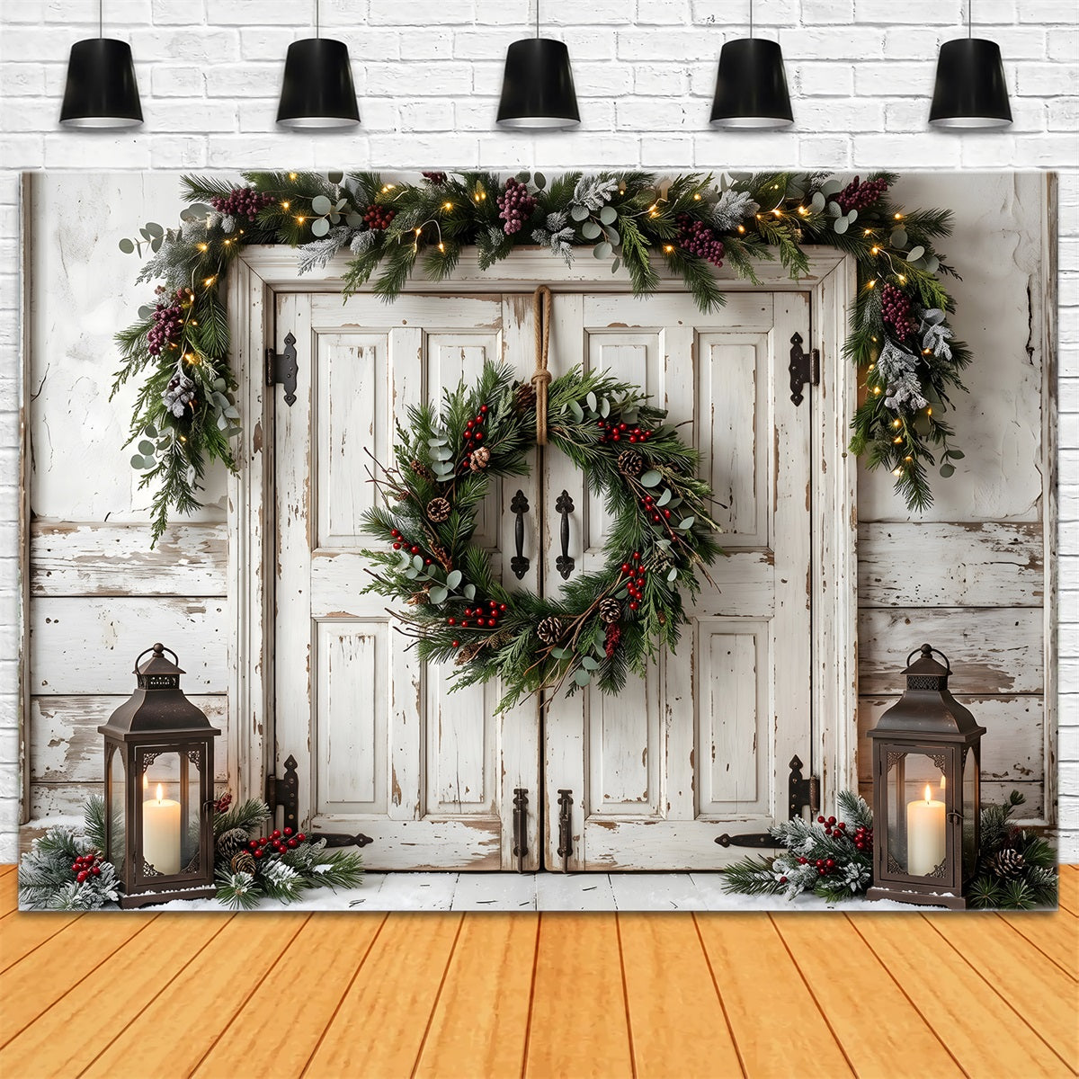 Best Christmas Backdrops For Photography White Door Hanging Wreath Backdrop Christmas UK CEM65-186