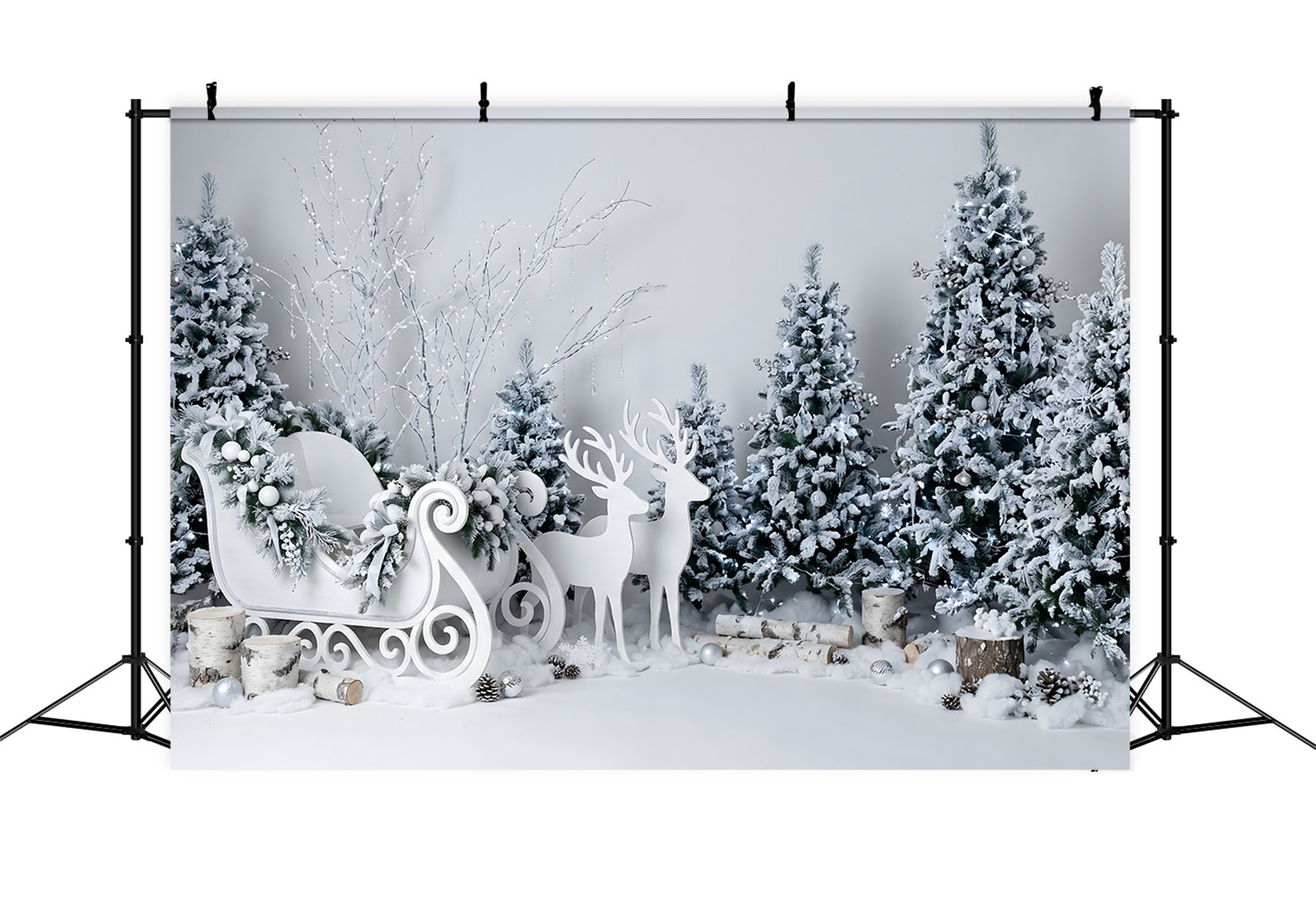 Christmas Winter Backdrop Crystal White Sleigh Reindeer Forest Christmas Backdrops UK CEM65-189
