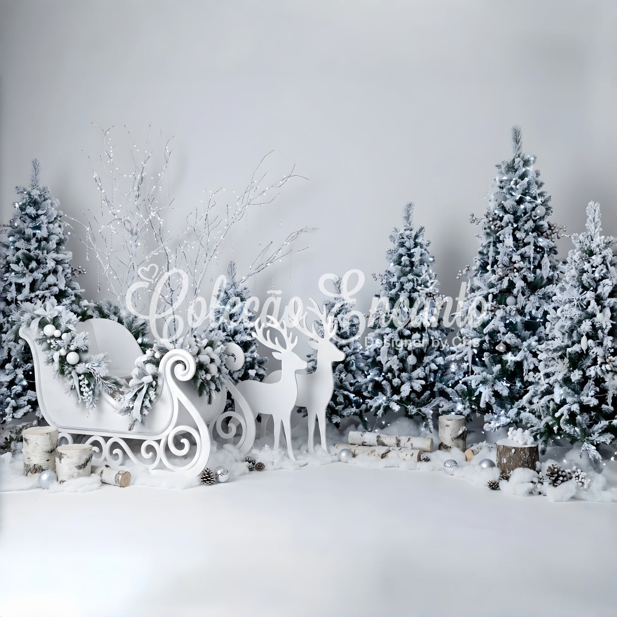 Christmas Winter Backdrop Crystal White Sleigh Reindeer Forest Christmas Backdrops UK CEM65-189