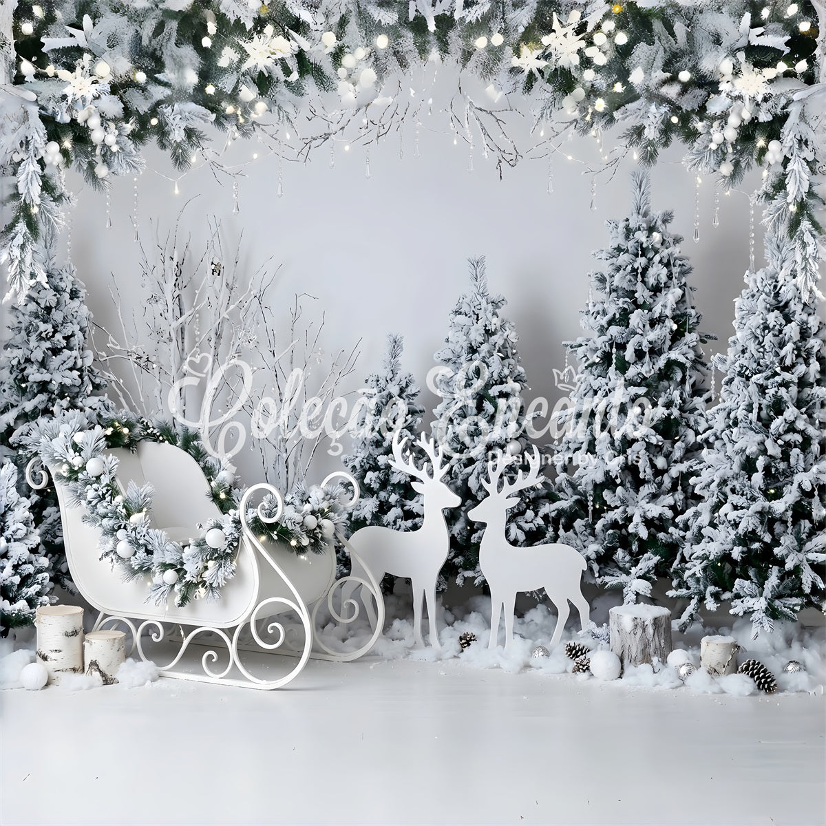 White Christmas Backdrop Frosted White Sleigh Reindeer Woodland Christmas Photo Backdrop UK CEM65-190