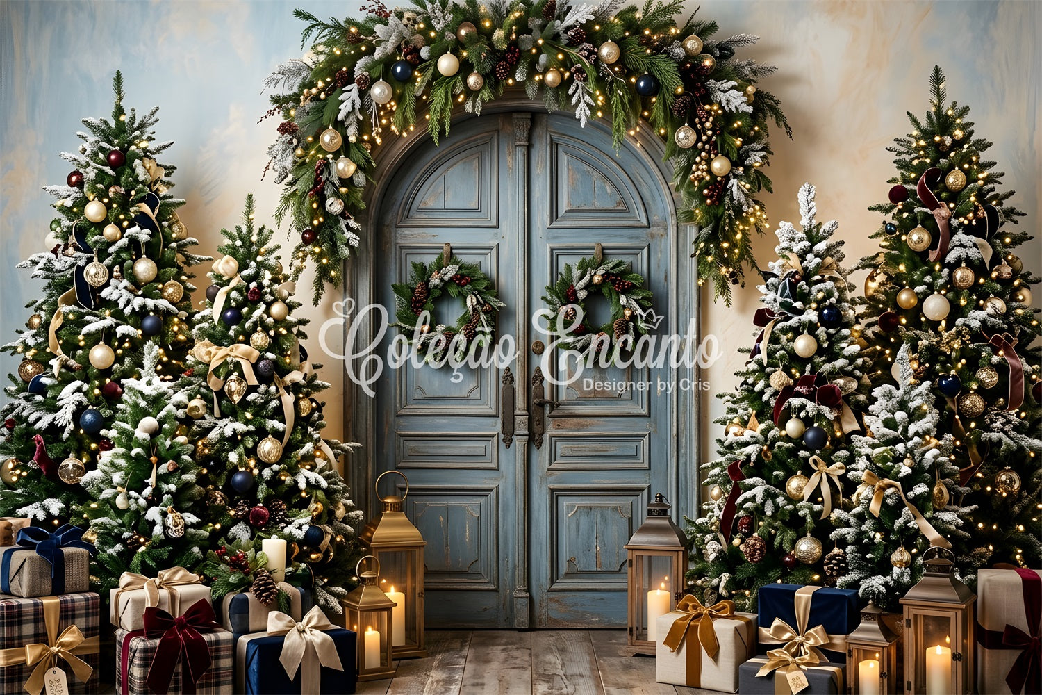Photo Backdrops Christmas Vintage Blue Door Frosted Trees Christmas Backdrop Ideas UK CEM65-192