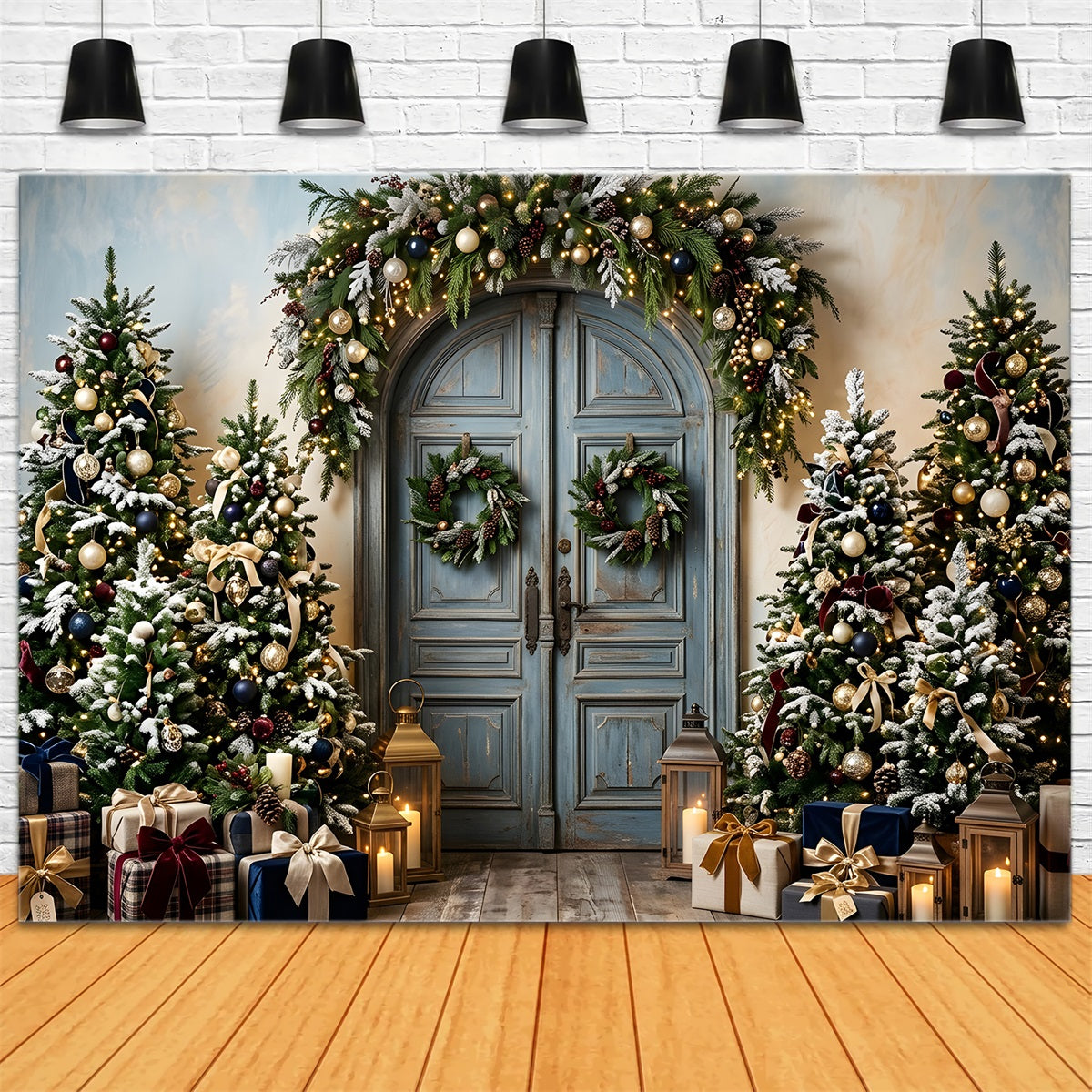 Photo Backdrops Christmas Vintage Blue Door Frosted Trees Christmas Backdrop Ideas UK CEM65-192