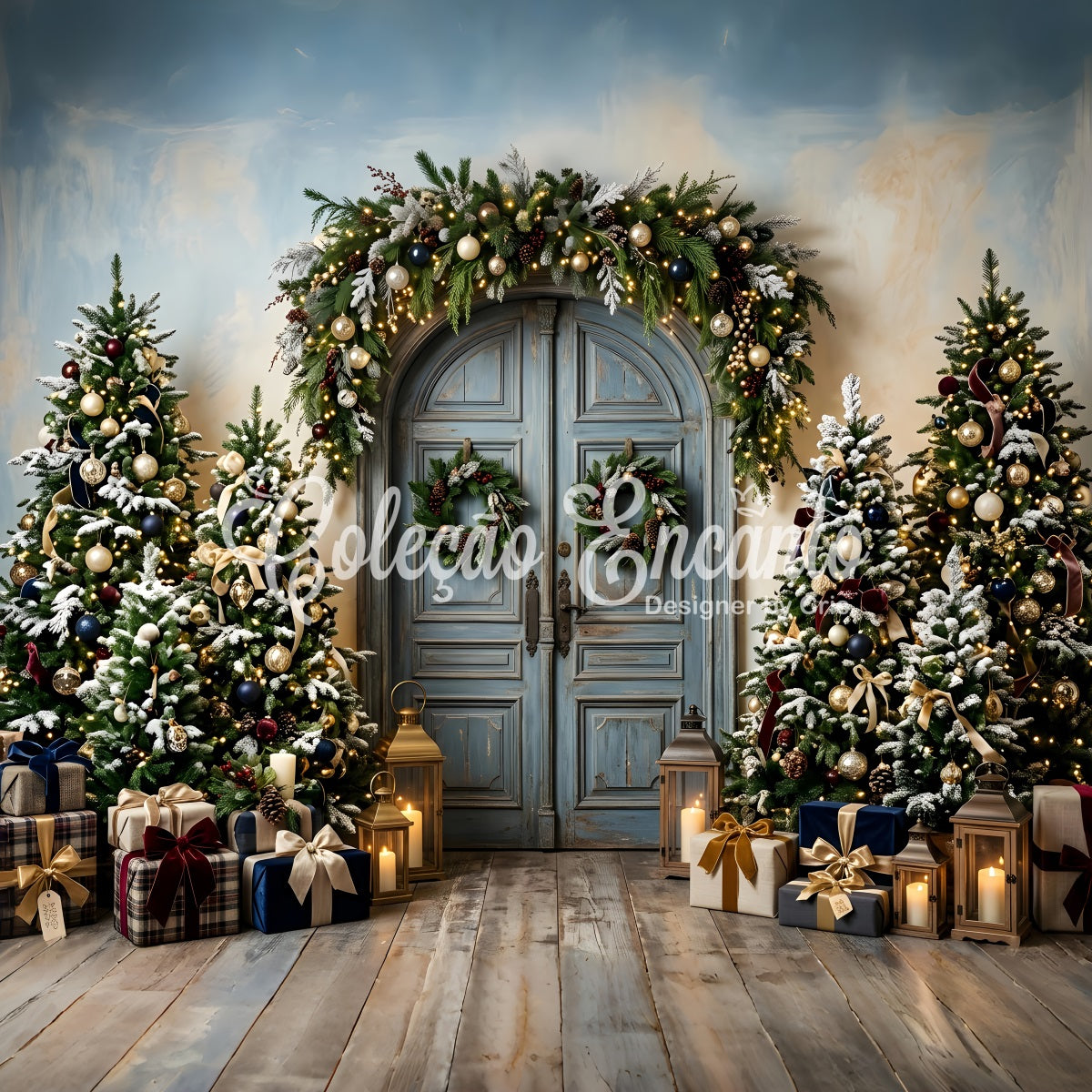 Photo Backdrops Christmas Vintage Blue Door Frosted Trees Christmas Backdrop Ideas UK CEM65-192