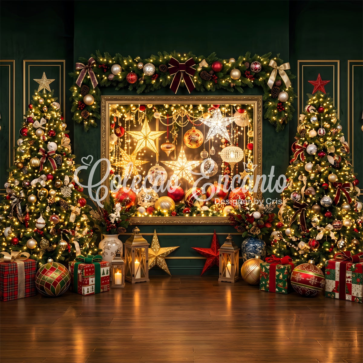 Christmas Lights Backdrop Emerald Ornament Gallery Tree Christmas Photo Booth Backdrop UK CEM65-202