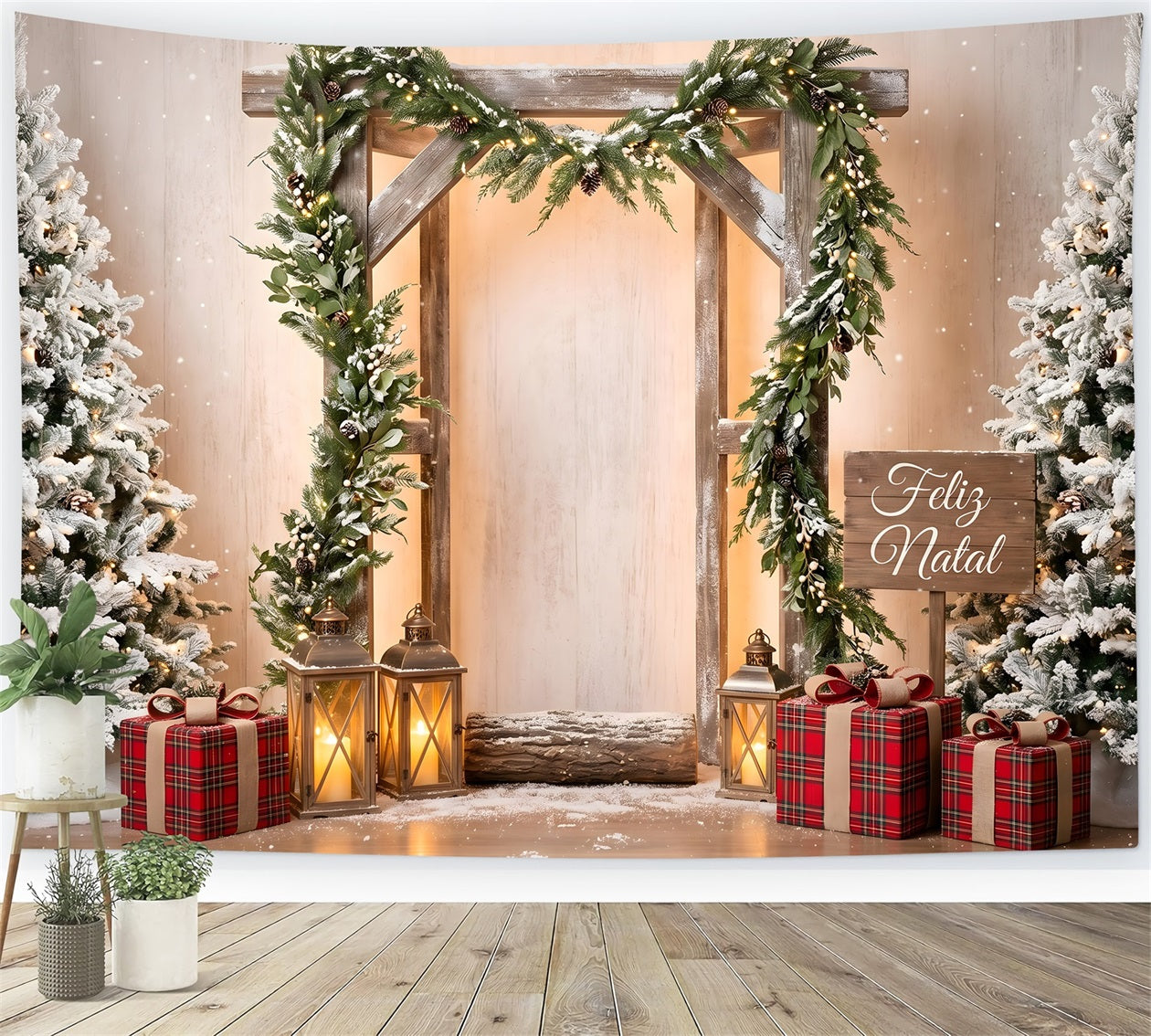 Simple Christmas Backdrop Frosted Wooden Arch Lantern Photo Backdrop Christmas UK CEM65-203