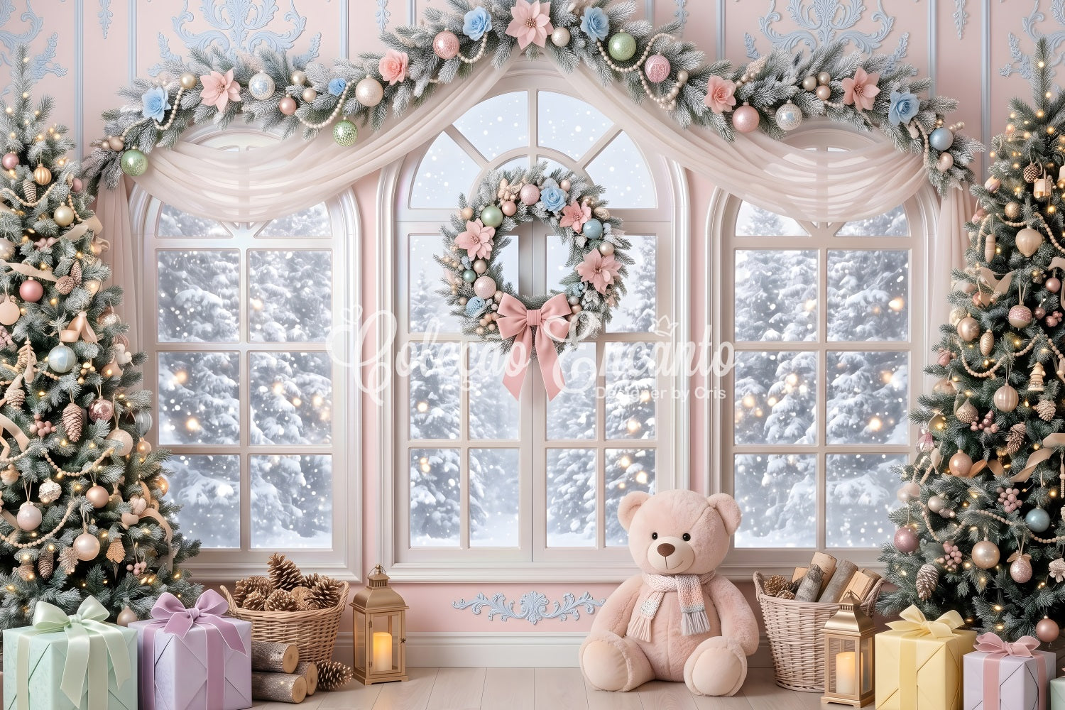 Pink Christmas Backdrop Pastel Floral Window Teddy Christmas Backdrop Design UK CEM65-204