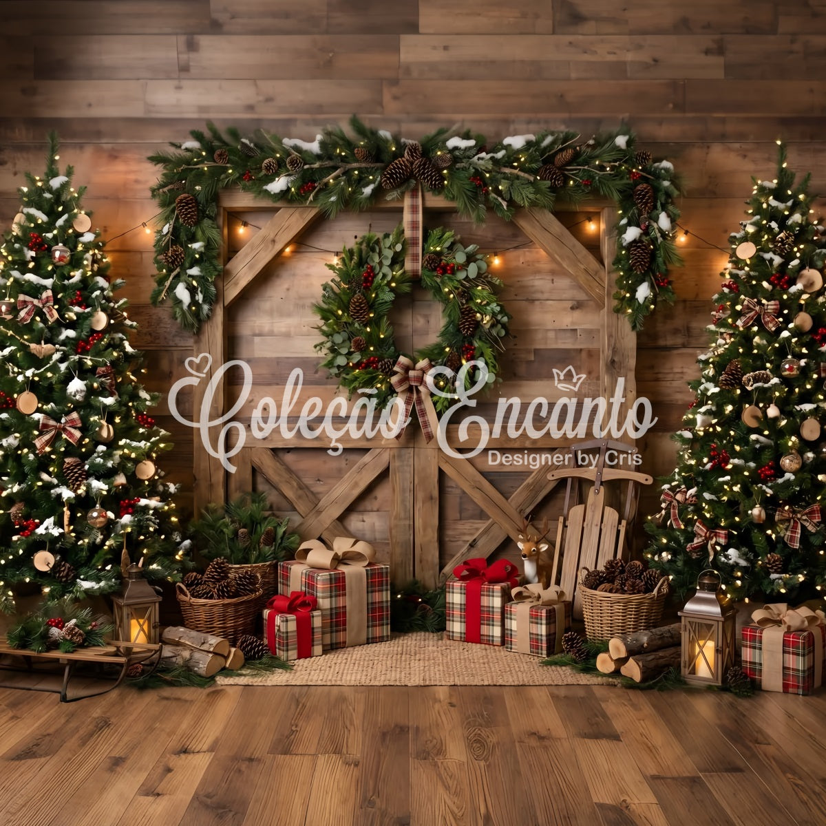 Christmas Scene Backdrops Rustic Barn Wreath Sled Christmas Photoshoot Backdrop UK CEM65-208