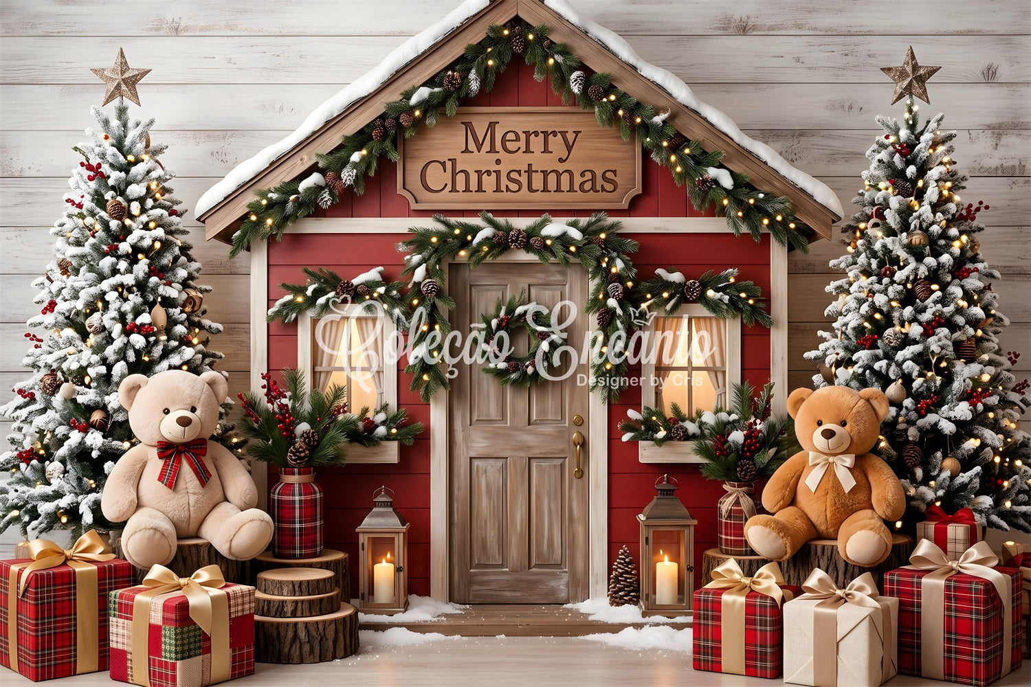 Merry Christmas Backdrop Snowy Red Cottage Teddy Photo Booth Christmas Backdrop UK CEM65-210