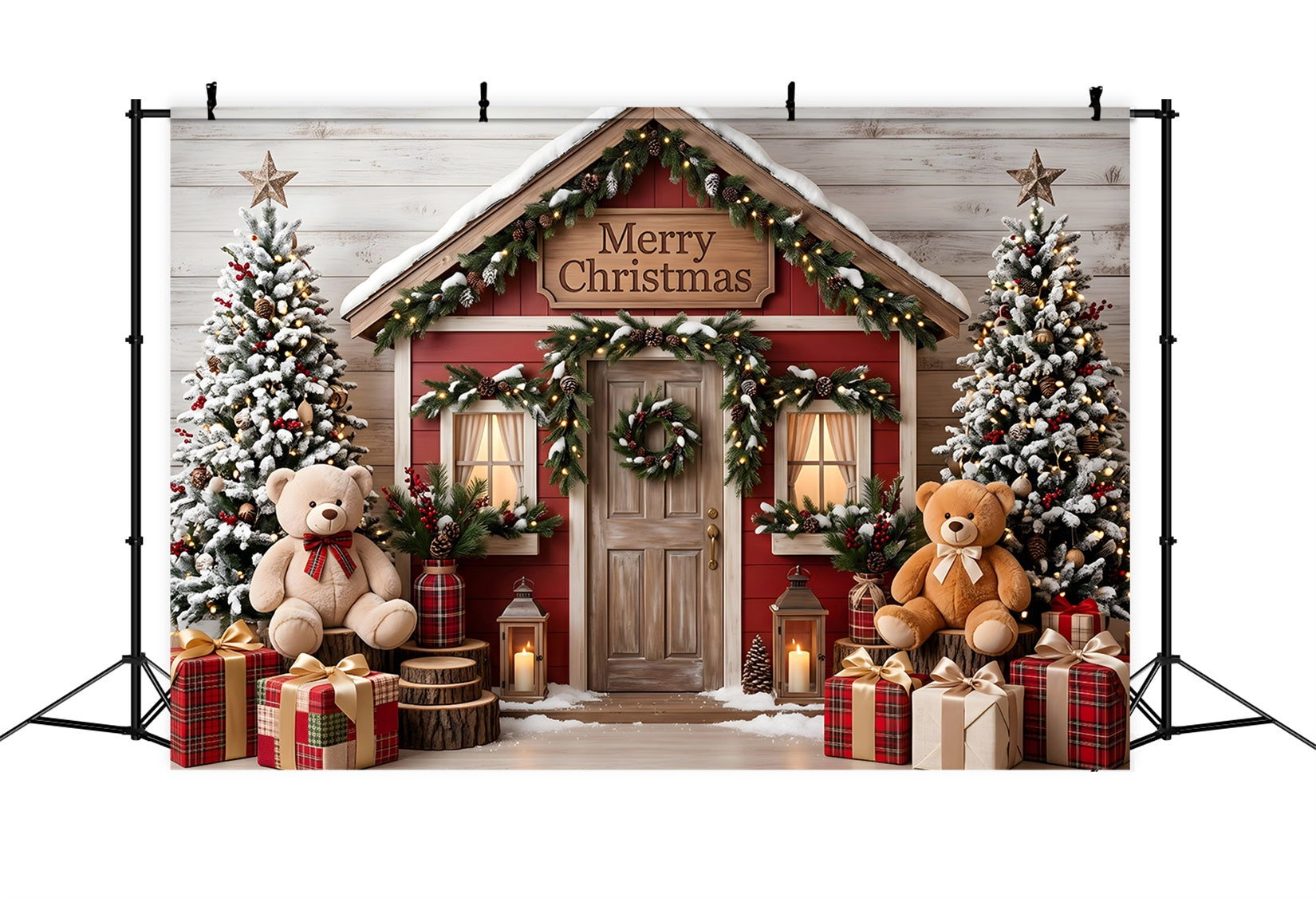Merry Christmas Backdrop Snowy Red Cottage Teddy Photo Booth Christmas Backdrop UK CEM65-210
