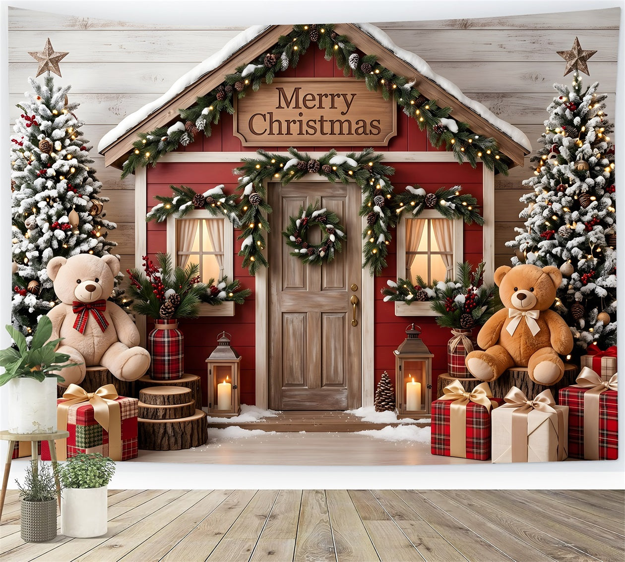 Merry Christmas Backdrop Snowy Red Cottage Teddy Photo Booth Christmas Backdrop UK CEM65-210