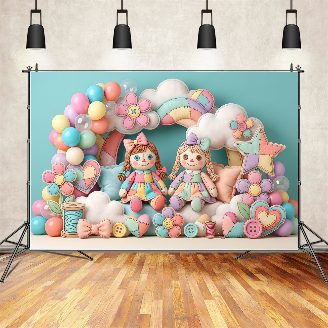Kids Photo Backdrops Patchwork Doll Rainbow Balloon Newborn Baby Backdrop UK CEM65-33