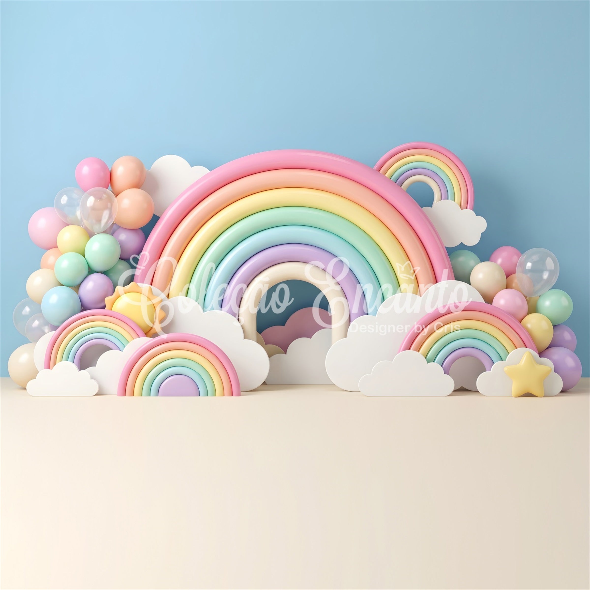 Childrens Photo Backdrops Pastel Rainbow Cloud Balloon Arch Newborn Photography Backdrop UK CEM65-34