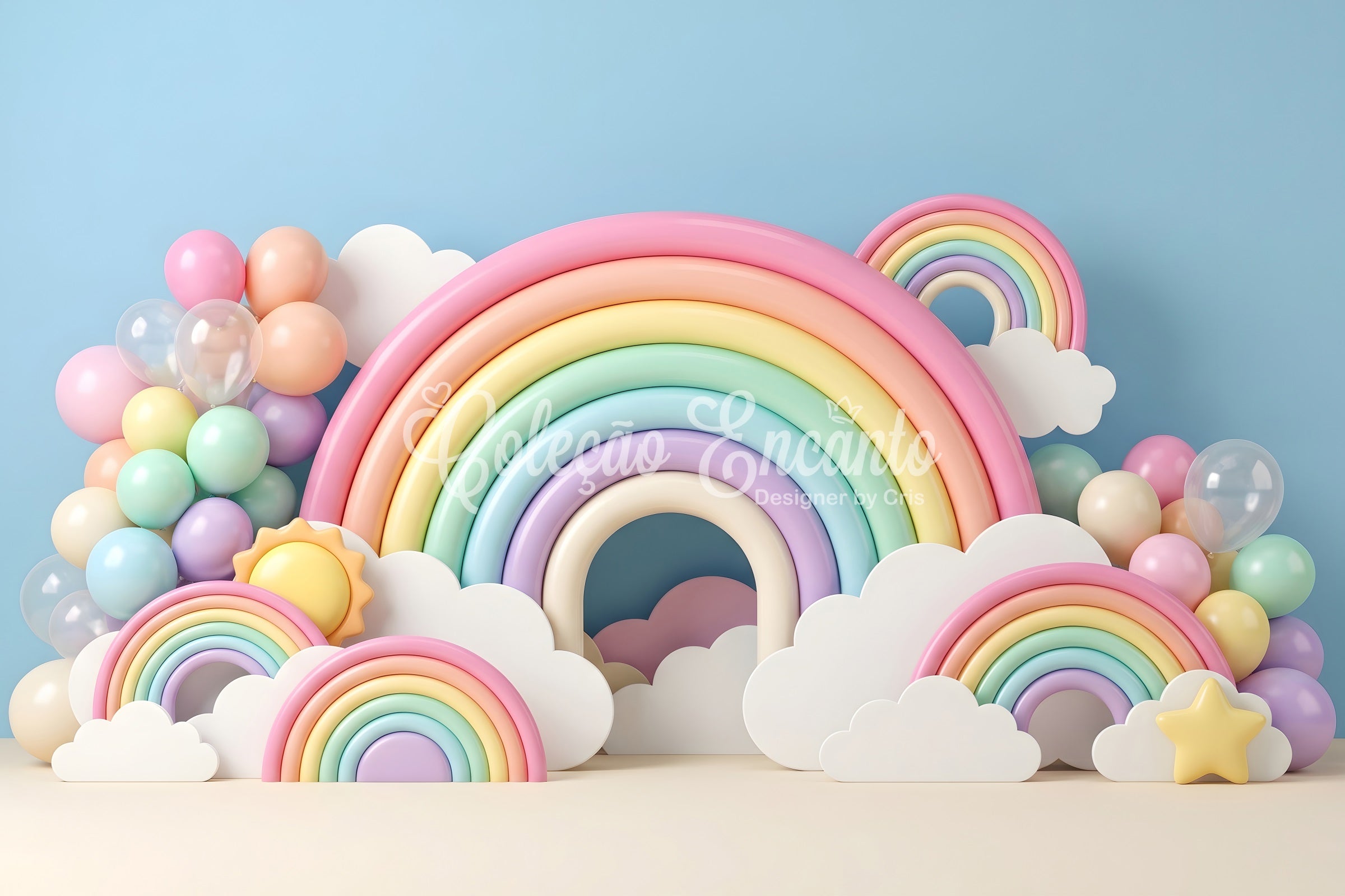 Childrens Photo Backdrops Pastel Rainbow Cloud Balloon Arch Newborn Photography Backdrop UK CEM65-34