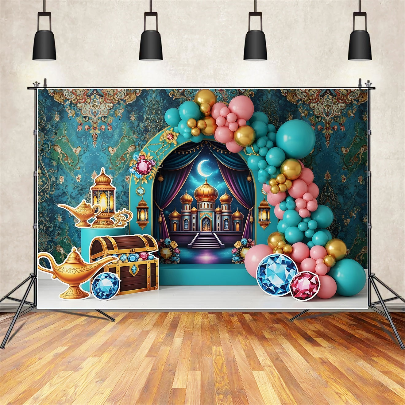Kids Backdrop Photoshoot Arabian Palace Treasure Balloon Arch Newborn Baby Backdrops UK CEM65-38