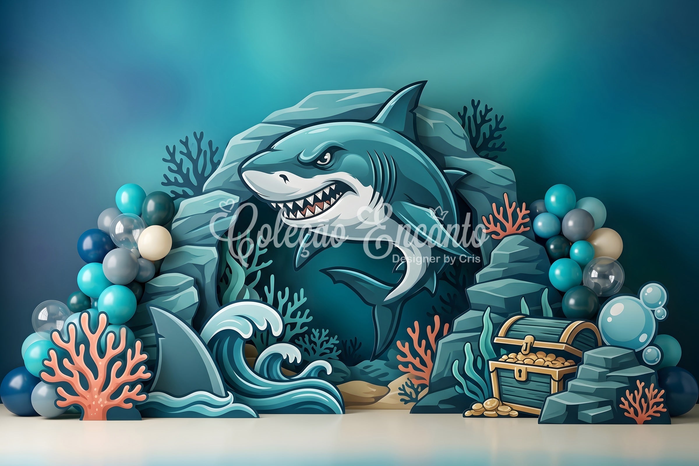 Children Photography Backdrops Shark Ocean Treasure Coral Cave Newborn Backdrop UK CEM65-48