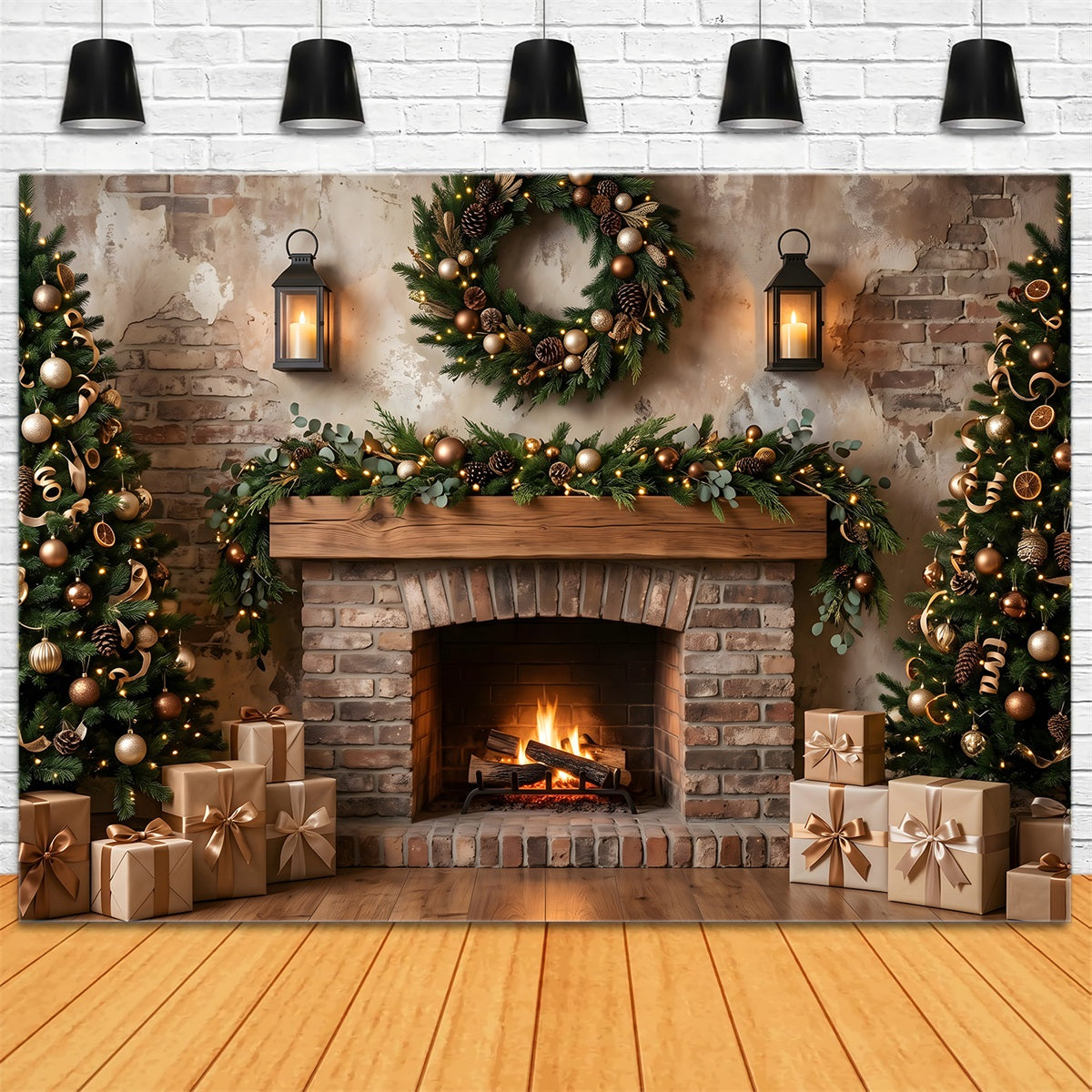 Christmas Fireplace Backdrop Rustic Wreath Lantern Trees Christmas Backdrops Photography UK CEM65-69