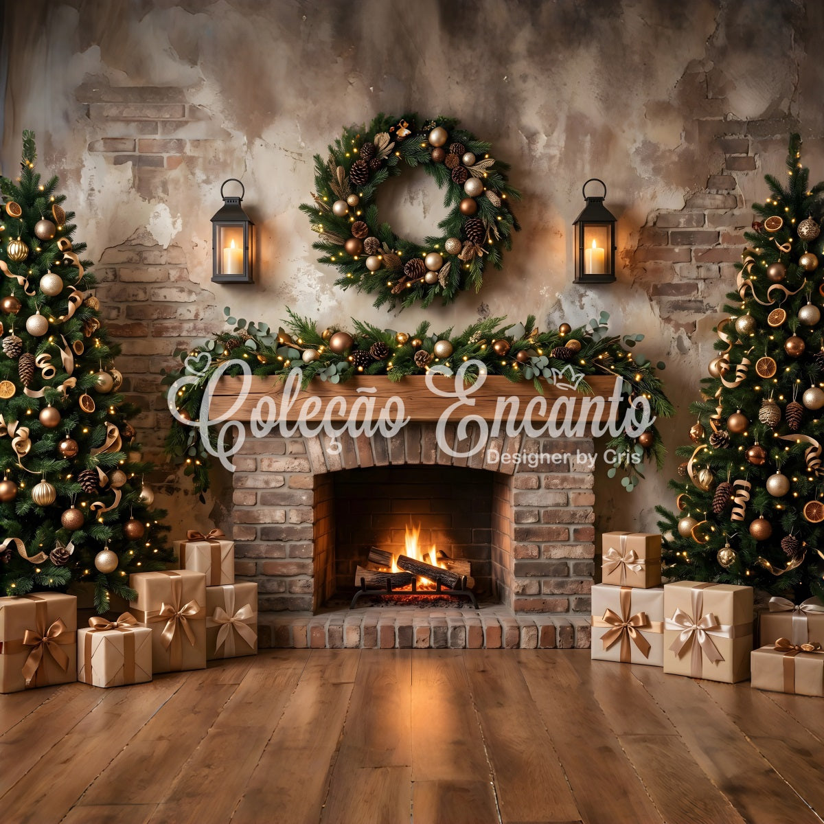Christmas Fireplace Backdrop Rustic Wreath Lantern Trees Christmas Backdrops Photography UK CEM65-69