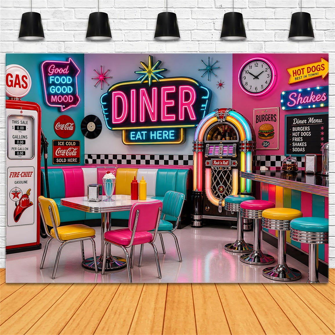 Newborn Backdrop Neon Retro Diner Jukebox Photography Backdrops for Kids UK CEM65-7