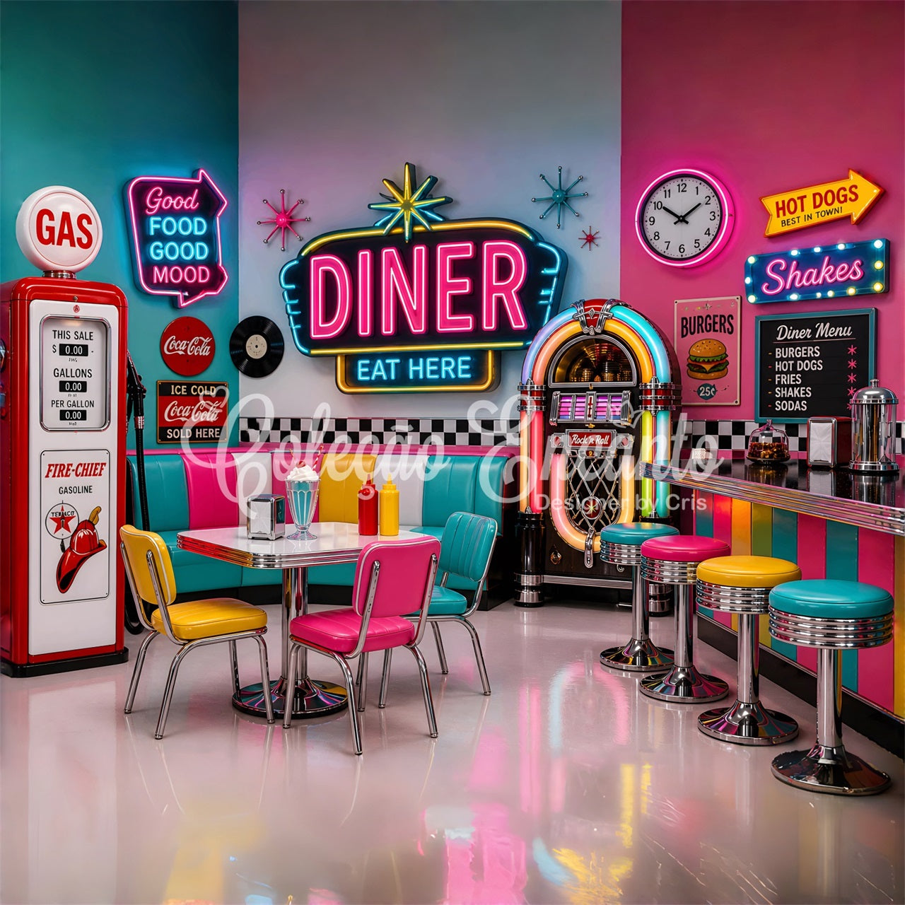 Newborn Backdrop Neon Retro Diner Jukebox Photography Backdrops for Kids UK CEM65-7