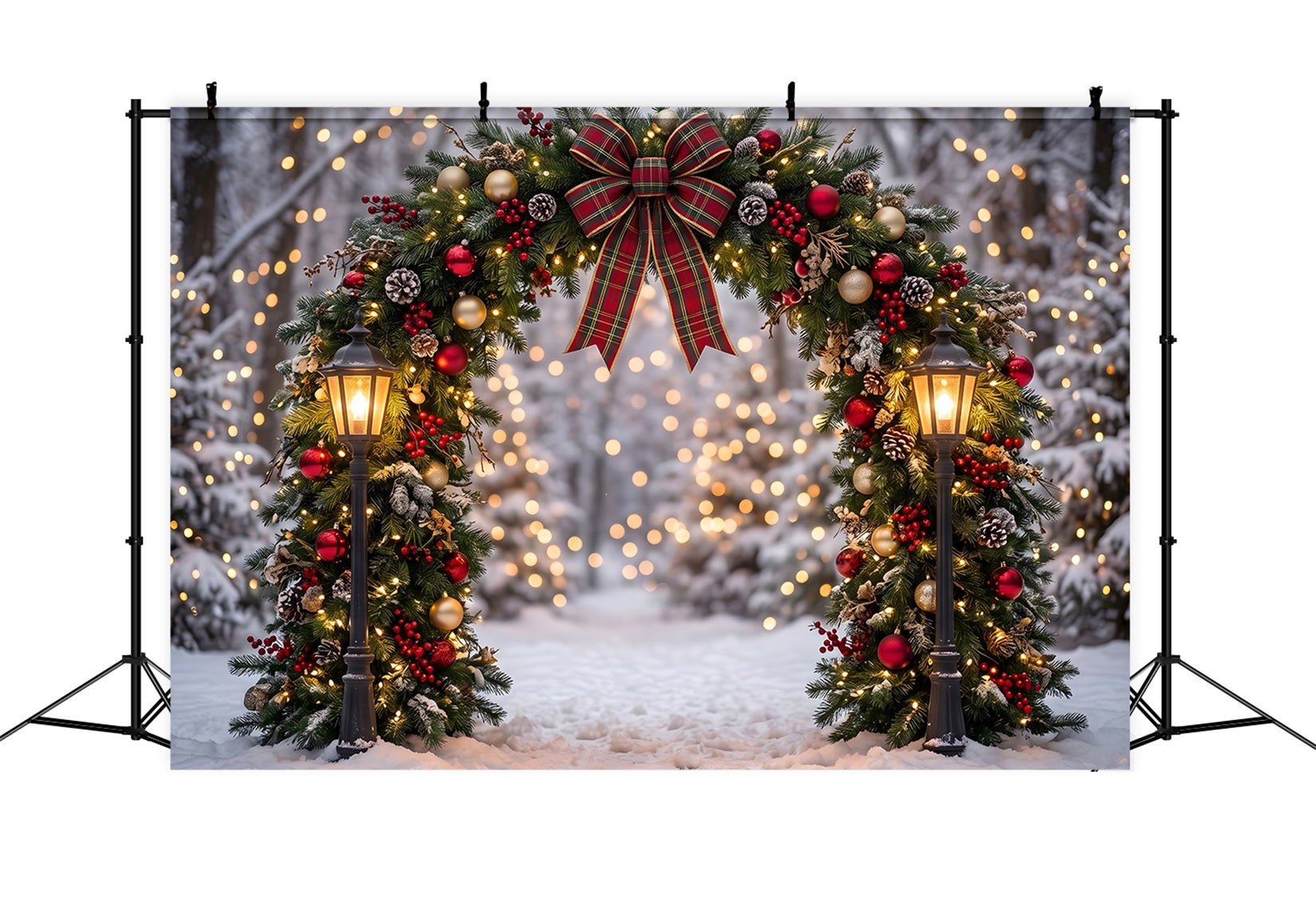 Christmas Photo Backdrop Snowy Forest Plaid Wreath Arch Photography Christmas Backdrops UK CEM65-71