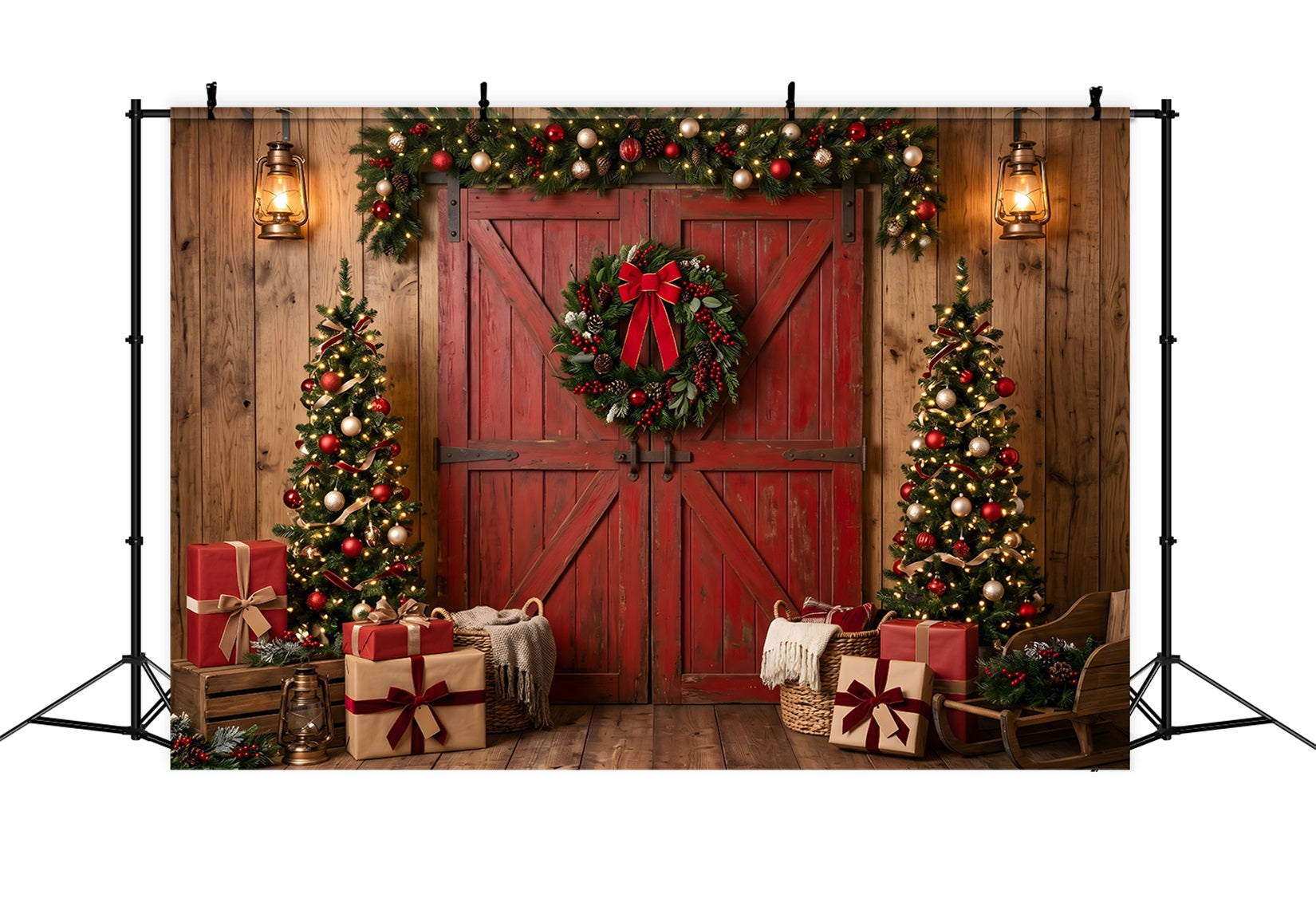 Christmas Tree Backdrop Rustic Red Barn Wreath Trees Christmas Backdrop For Pictures UK CEM65-73