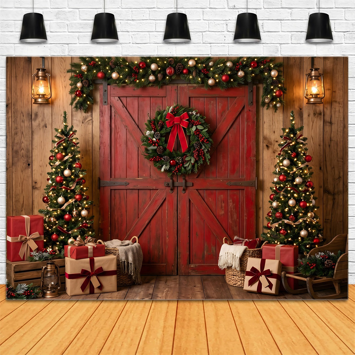Christmas Tree Backdrop Rustic Red Barn Wreath Trees Christmas Backdrop For Pictures UK CEM65-73