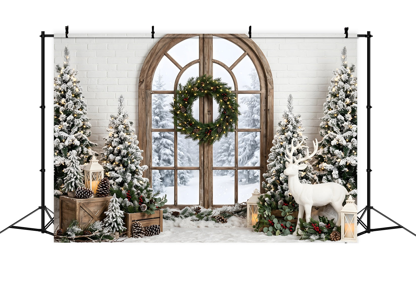 Christmas Backdrop Ideas Frosted Window Wreath Deer Trees Photo Booth Christmas Backdrop UK CEM65-74