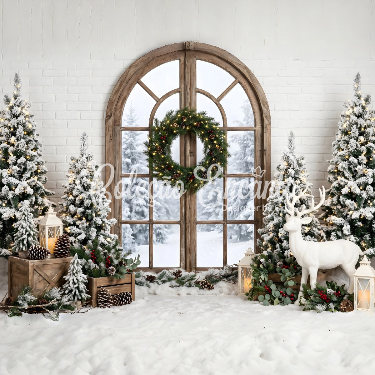 Christmas Backdrop Ideas Frosted Window Wreath Deer Trees Photo Booth Christmas Backdrop UK CEM65-74