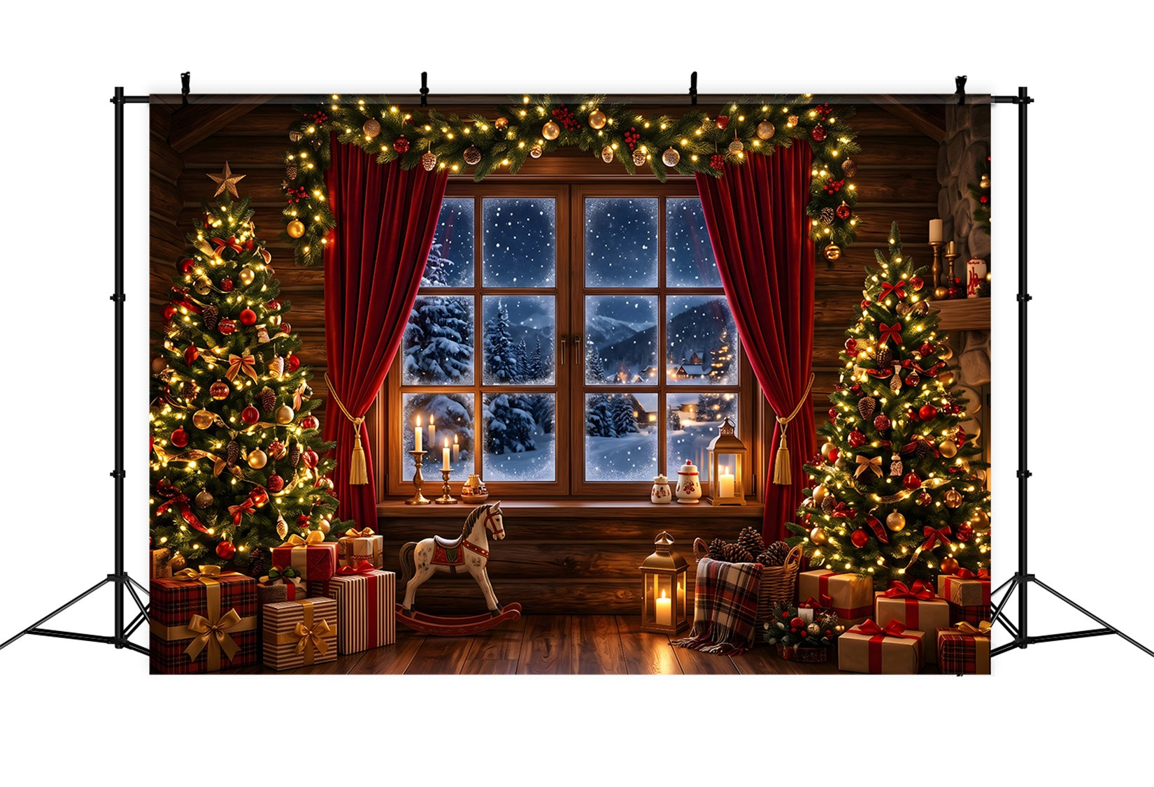 Christmas Photo Backdrops Cozy Cabin Snow Window Trees Christmas Backdrops For Pictures UK CEM65-75